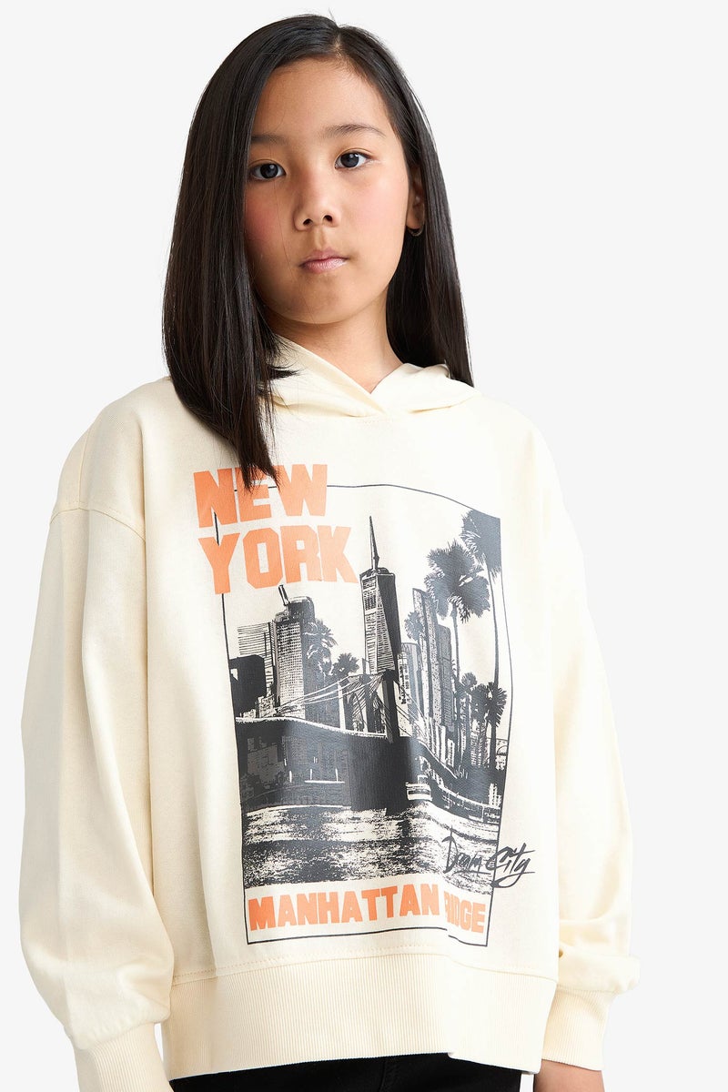 DeFacto Beige Girl Girl Oversize Fit Crew Neck Animal Printed Thick Fabric Sweatshirt Casual - Image 3